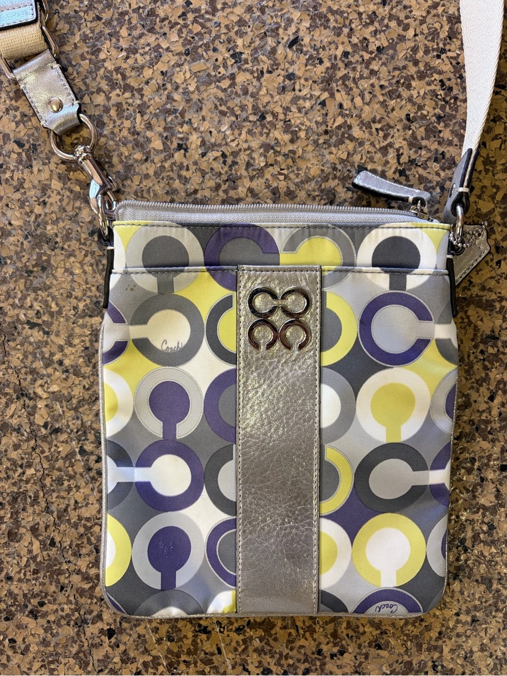 Coach Multi-Color Circular Print Crossbody in Yellow, Purple & Gray